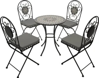 Produktbild von DEGAMO Gartenset Sitzgruppe Bistroset SIENA 5-teilig (4x Stuhl, 1x Tisch rund 60cm), Eisen schwarz +Nachbildung Mosaik grau/weiss
