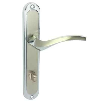 Produktbild von DOMINO Türgriff 78 Drückergarnitur WC - Badezimmer Set | Links & Rechts Türbeschlag für WC/Badezimmertüren | L-Form | Aluminium |Silber | ENIGMA M6/M9