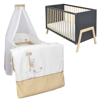 Produktbild von Babybett Kinderbett Gitterbett Juna 60x120 Anthrazit Schutzgitter Matratze Bettwäsche Set 10tlg Zirkus Beige
