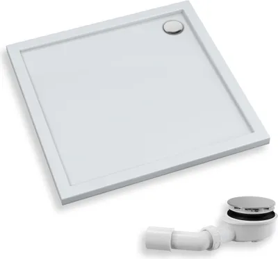Productafbeelding van Douchebak, vierkant, 90x90x4,5 cm, sanitair acryl, glad oppervlak | Afvoerkit met diameter 90 mm inbegrepen | Antislip douchebak | BADLAND CASPAR NEW