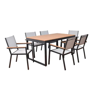 A dining set with a rectangular table and six chairs, presented on a white background.