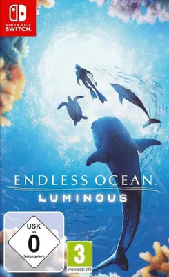 The cover art for the Nintendo Switch game Endless Ocean Luminous, featuring divers and marine life.