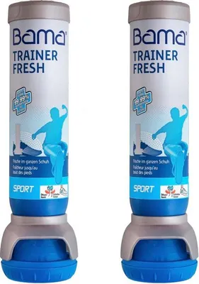 Two canisters of Bama Trainer Fresh shoe freshener spray, displayed against a white background.
