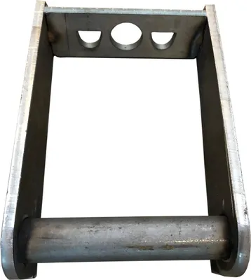 A metal bracket with a roller bar, isolated on a white background.