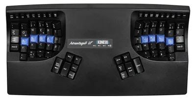 A top-down view of a black Kinesis Advantage2 LF keyboard with blue keys highlighted.