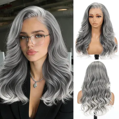 Produktbild von Graue Lace Front Perücke 13x6 Kleberlos Synthetik HD Lace 22 Zoll Body Wave