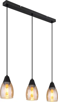 A black linear pendant light fixture with three amber glass shades.