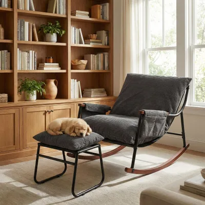 Image de Fauteuil à bascule avec repose-pieds, poche latérale, accoudoirs, structure en bois, pour salon, chambre, chambre bébé, tissu rayé, gris taupe