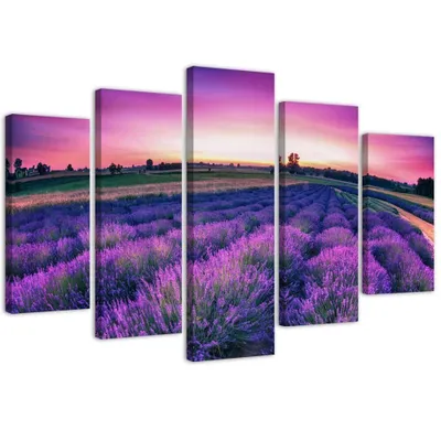 Produktbild von 5-teiliges leinwandbild lavendelfeld 200x100 cm Feeby lila wandbild bereit zum aufhängen