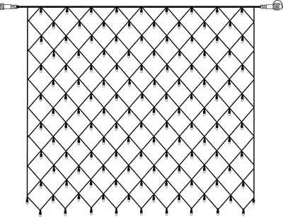 A black net light string with many small bulbs arranged in a diamond pattern, suspended from a horizontal bar.