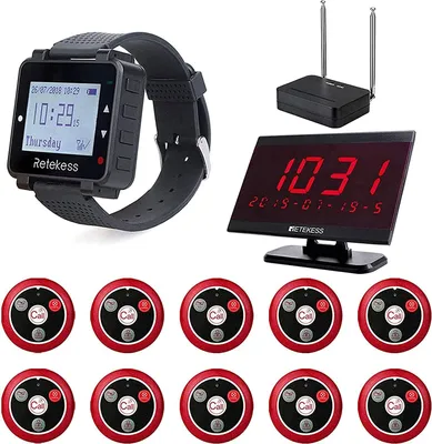 Produktbild von Retekess T128-T117-TD105 Restaurant Pager System, Bezdrátový volací systém Režimy přenosu hlasu 1 Přijímač hodinek 1 Přijímač s PC displejem pro barovou zubní kliniku Veterinární obchod