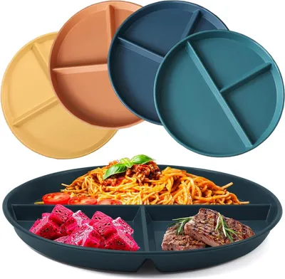 Produktbild von Set von 4 Kinder Tellern - Geteilte Teller für Kinder und Erwachsene - Kunststoff Stoßfest - Spülmaschinenfest - Portionskontrolle