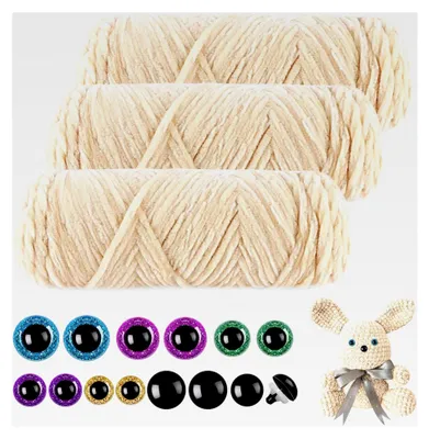 Produktbild von 3 x 150 m Chenille Wolle zum Häkeln, Flauschige Wolle, Weiches Chenille Garn mit Sicherheitsaugen für Stricken (Cremefarben)