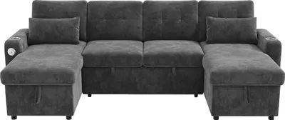 Produktbild von Merax Ecksofa Schlafsofa mit Schlaffunktion, U-Sofa mit Stauraum, Doppel-Chaiselongue, Getränkehalter & USB/LED-Beleuchtung, Bettsofa, Grau