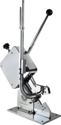 A stainless steel sausage clipping machine with a lever and a base.