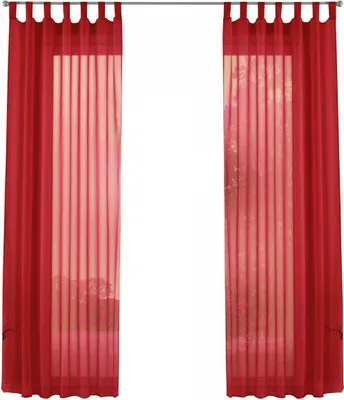Two red sheer curtains hanging on a curtain rod.