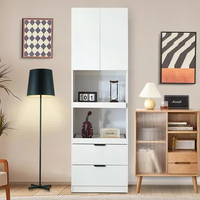 Immagine prodotto di Mobiletto alto da 200 cm, con ante, cassetti, ripiano per microonde, sistema di fissaggio a parete per maggiore sicurezza, design autoportante, colore bianco, ideale per cucina/sala da pranzo/soggiorno.