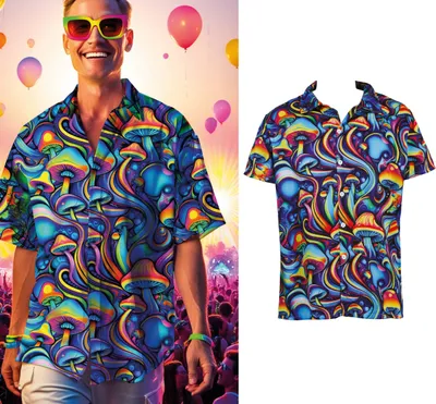 Produktbild von Pilz Design Hemd Karneval Psychedelische Farben Retro Look Fantasie Shirt Festival Mode, Größe: 52 - 54 (L) Farbe: Mehrfarbig