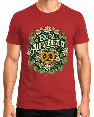 Zdjęcie produktu dla Koszulka męska z motywem  , brezel, tradycyjny strój bawarski, spodnie skórzane, T-shirt, czerwony, rozmiar M