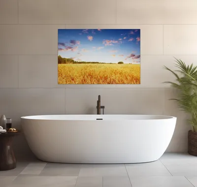 Produktbild von Wallario wasserfestes Poster selbstklebend 91,50 x 61 cm, Weizenfeld unter blauem Himmel, Badezimmerposter Spritzschutz mit Hochglanzoberfläche in Glasoptik