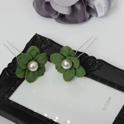 Produktbild von 2 Große Blumen Haarnadel mit Perlen Braut Kommunion Hochzeit Hairpin Grün