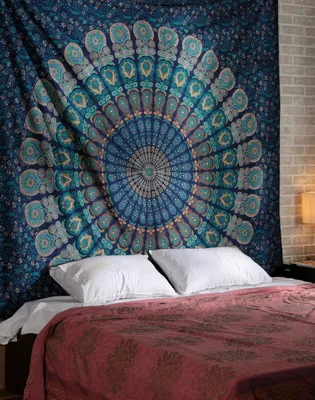 Image de Mandala indien Tapisserie Hippie Décoration murale pour chambre d'enfant Salon Aussi comme tapis de yoga Couverture de pique-nique, bleu et vert