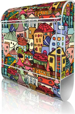 Zdjęcie produktu dla banjado Design Skrzynka pocztowa stalowa biała z przegródką na gazety, malowana proszkowo „Funky Town” 38 x 46 x 12,5 cm i 2 klucze – skrzynka pocztowa A4 z wrzutnikiem, wraz z materiałami montażowymi [BK 10864]