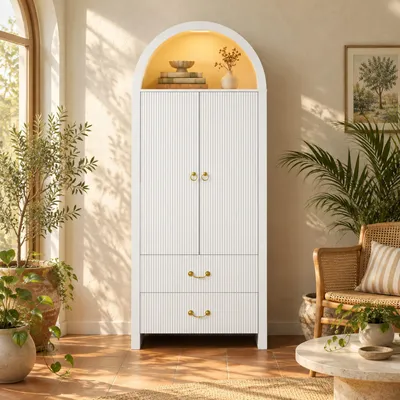 Produktbild von STILVORA Hochschrank mit dimmbarer LED-Beleuchtung, Sideboard mit 2 Türen, Aufbewahrungsschrank mit 2 Schubladen