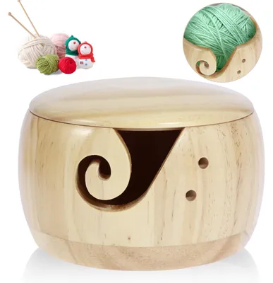 Produktbild von Garnschale für Wolle 15x15x8cm Holz mit Löchern Tragbar Verwicklungsfrei für Garn Kleine Gegenstände Strick Häkelaccessoires Helle Farbe mit Deckel
