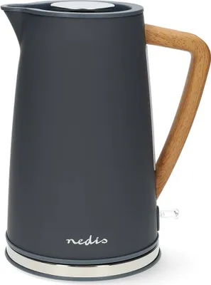 A dark gray electric kettle with a wooden handle and silver trim.