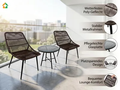 Produktbild von 3tlg. Balkonsitzgruppe aus Poly-Geflecht - Braun