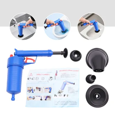 Collage showing a drain cleaner tool and its use in various settings like a sink, toilet, and bathtub, along with its accessories and instructions.