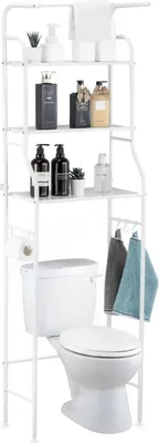A white toilet storage rack over a toilet, filled with various bathroom items.