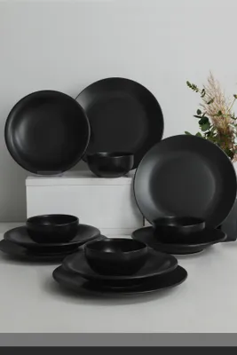 Produktbild von Hermia Concept, TY040612F956A000000MAS1400, Essservices, Keramik-Geschirrset (12-teilig), Mattschwarz, Keramik Steinzeug, 26 x 26 x 3,7 cm