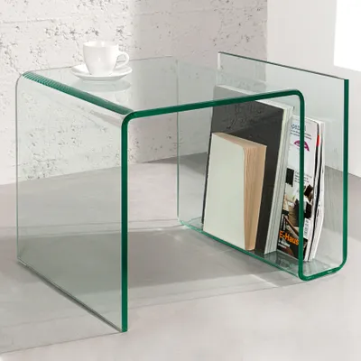 Produktbild von Moderner Glas Couchtisch FANTOME 50cm Beistelltisch mit Ablagefach für Magazine transparent Sofatisch Wohnzimmer
