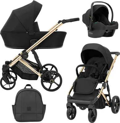 Image de Kunert ARIZO PREMIUM Poussette 3en1 en noir avec châssis doré, nacelle et accessoires