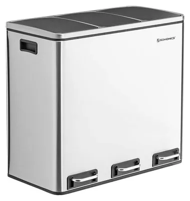 Immagine prodotto di Contenitore per rifiuti a 3 scomparti con pedale, per la raccolta differenziata, in acciaio, colore argento e nero, dimensioni 61,5 x 31,5 x 56 cm
