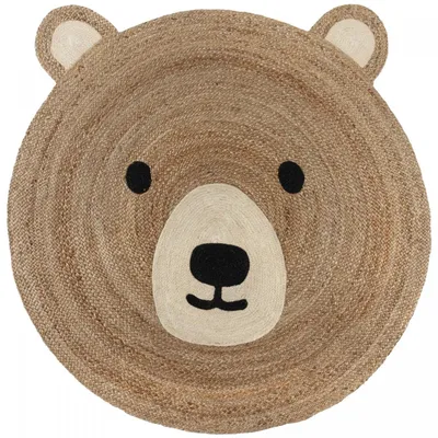 Image de Tapis rond en jute, diamètre 100 cm, pour enfants, motif ours, couleur naturelle