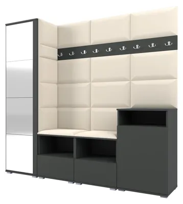 Produktbild von Garderobe NELA X 200 cm Modulare Flurmöbel Graphit mit Spiegel & Sitzpolster Creme 01 (Schrank + Sideboard)
