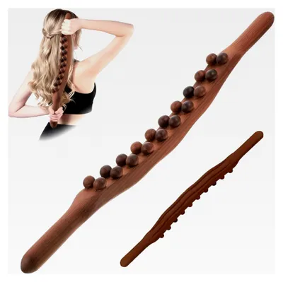 Produktbild von Gua Sha Holztherapie Stab - 58 cm Naturholz mit 20 Massageperlen für Rücken, Schultern, Faszien und Muskelentspannung