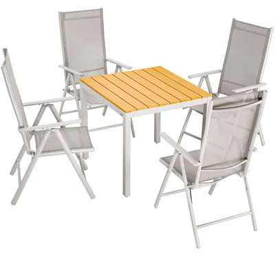 Immagine prodotto di Casaria Tavolo e Sedie da Giardino Alluminio 4 Seggiole Pieghevoli 1 Tavolo WPC 80x80 Color Legno