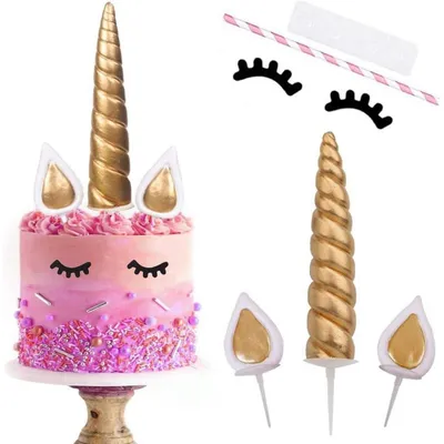 Produktbild von Einhorn Tortendeko Set Gold 5-teilig für Geburtstag Party Hochzeit