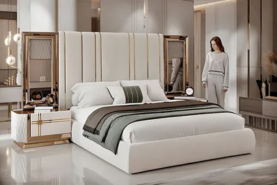 Image de Ensemble de chambre à coucher élégant comprenant un lit et des tables de chevet dorées et blanches