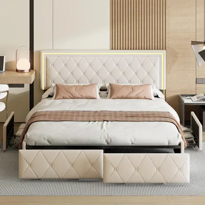 Produktbild von Gepolstertes Doppelbett 140 x 200 cm, cremeweiß, mit LED-Beleuchtung, verstellbarem Kopfteil, 4 Schubladen und Staufach, inklusive Lattenrost
