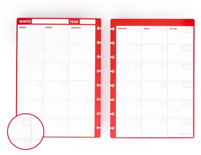 Imagen del producto de Cuaderno A5, con 32 páginas mensuales reutilizables de color rojo, encuadernado, ideal para la organización