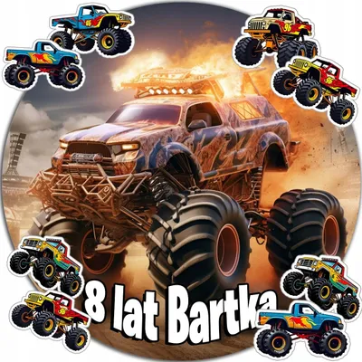 Zdjęcie produktu dla Opłatek Na Tort 20Cm - Monster Truck Dekoracja Urodzinowa + Imię 15Cm 18Cm