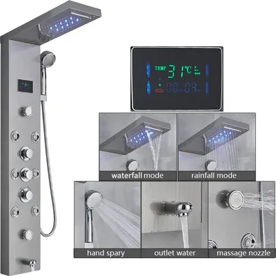 Produktbild von LED-Duschpaneel, thermostatischer Wasserhahn, einstellbare Wasserarten , Bürstennickel 8009