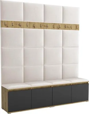 Produktbild von Garderoben-Set Noris II, gepolsterte Garderobe mit Sitzbank, Flurmöbel mit Wandpaneelen, Haken und Stauraum (Farbe: Artisan Eiche/Schwarz + Trinity 01)