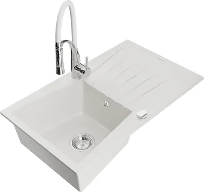 Produktbild von Mexen Cesar 1 Becken-Granitspüle mit Abtropffläche und Mischbatterie Aster, Weiß - 6514-20-73450-02