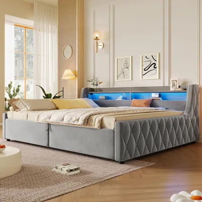 Produktbild von Polsterbett 140x200 cm mit hydraulischem Stauraum, LED-Beleuchtung und gepolstertem Kopfteil, Doppelbett aus Samt, Grau